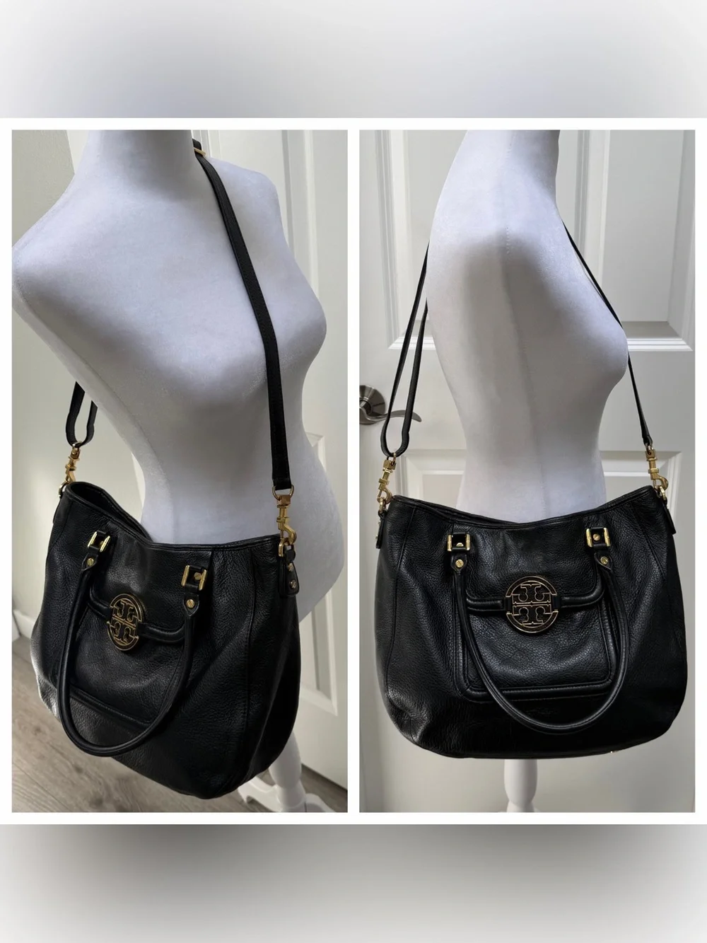 TORY BURCH AMANDA CLASSIC HOBO SATCHEL CROSSBODY HANDBAG BLACK PEBBLED LEATHER